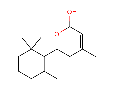 Molecular Structure of 161676-56-8 (2H-Pyran-2-ol,
5,6-dihydro-4-methyl-6-(2,6,6-trimethyl-1-cyclohexen-1-yl)-)