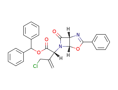 Molecular Structure of 67977-79-1 ((<i>R</i>)-3-chloromethyl-2-((1<i>R</i>)-7-oxo-3-phenyl-(1<i>r</i><i>H</i>,5<i>c</i><i>H</i>)-4-oxa-2,6-diaza-bicyclo[3.2.0]hept-2-en-6-yl)-but-3-enoic acid benzhydryl ester)