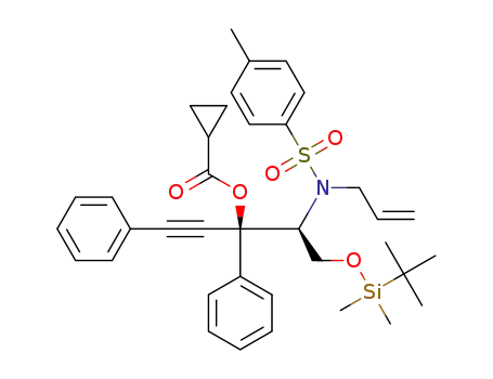 Molecular Structure of 1427519-98-9 ((3S,4S)-4-(N-allyl-4-methylphenylsulfonamido)-5-((tertbutyldimethylsilyl)oxy)-1,3-diphenylpent-1-yn-3-yl cyclopropanecarboxylate)