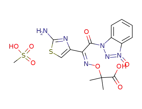 Molecular Structure of 139714-28-6 ((Z)-2-[[[1-(2-amino-4-thiazolyl)-2-(3-oxido-1H-benzotriazol-1-yl)-2-oxoethylidene]amino]oxy]-2-methylpropanoic acid methanesulfonate (1:1) salt)