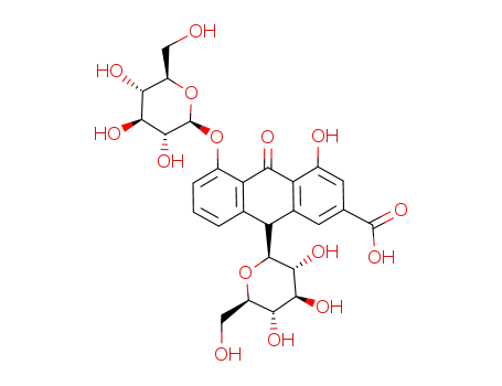 Molecular Structure of 111545-29-0 (2-Anthracenecarboxylicacid, 9-b-D-glucopyranosyl-5-(b-D-glucopyranosyloxy)-9,10-dihydro-4-hydroxy-10-oxo-,(9R)- (9CI))