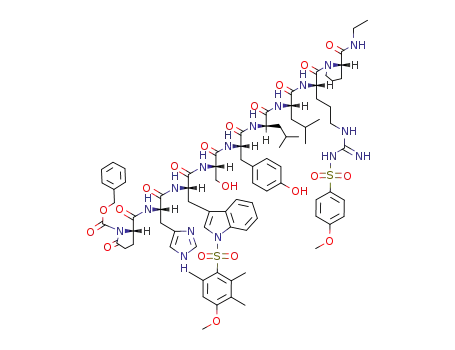 Molecular Structure of 82155-05-3 (Z-pGlu-His-Trp(Mtr)-Ser-Tyr-D-Leu-Leu-Arg(Mbs)-Pro-NH-C<sub>2</sub>H<sub>5</sub>)