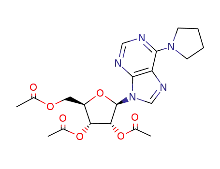 Molecular Structure of 80585-33-7 (Acetic acid (2R,3R,4R,5R)-4-acetoxy-5-acetoxymethyl-2-(6-pyrrolidin-1-yl-purin-9-yl)-tetrahydro-furan-3-yl ester)
