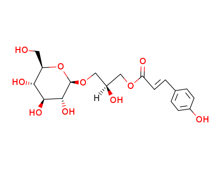 114420-66-5,(E)-3-(4-Hydroxyphenyl)propenoic acid (2S)-3-(β-D-glucopyranosyloxy)-2-hydroxypropyl ester,b-D-Glucopyranoside,(2S)-2-hydroxy-3-[[(2E)-3-(4-hydroxyphenyl)-1-oxo-2-propenyl]oxy]propyl (9CI); b-D-Glucopyranoside,2-hydroxy-3-[[3-(4-hydroxyphenyl)-1-oxo-2-propenyl]oxy]propyl, [S-(E)]-;Regaloside A