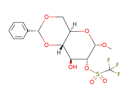Molecular Structure of 129217-24-9 (4,6-O-benzylidene-1-O-methyl-2-O-trifluoromethylsulfonate-α-D-glucopyranoside)