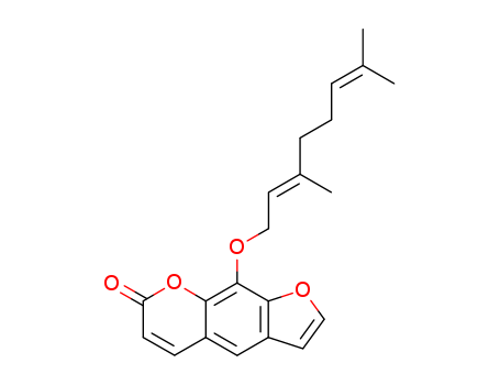 7437-55-0,XANTHOTOXOL GERANYL ETHER,5-Benzofuranacrylicacid, 7-(geranyloxy)-6-hydroxy-, d-lactone (6CI); 7H-Furo[3,2-g][1]benzopyran-7-one,9-[(3,7-dimethyl-2,6-octadienyl)oxy]-, (E)- (8CI);7H-Furo[3,2-g][1]benzopyran-7-one, 9-[[(2E)-3,7-dimethyl-2,6-octadienyl]oxy]-(9CI); 8-Geranyloxypsoralen