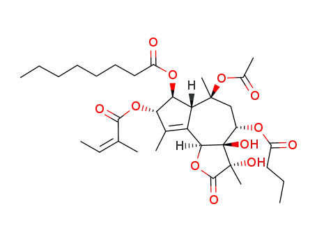 Molecular Structure of 67526-95-8 ((3S,3aR,4S,6S,6aR,7S,8S,9bS)-6-(acetyloxy)-4-(butanoyloxy)-3,3a-dihydroxy-3,6,9-trimethyl-8-{[(2Z)-2-methylbut-2-enoyl]oxy}-2-oxo-2,3,3a,4,5,6,6a,7,8,9b-decahydroazuleno[4,5-b]furan-7-yl octanoate)