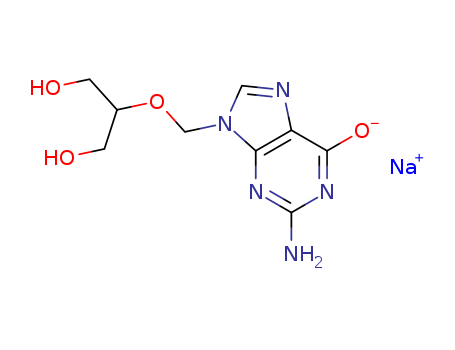 107910-75-8,Ganciclovir sodium,6H-Purin-6-one,2-amino-1,9-dihydro-9-[[2-hydroxy-1-(hydroxymethyl)ethoxy]methyl]-, monosodiumsalt (9CI);6H-Purin-6-one,2-amino-1,9-dihydro-9-[[2-hydroxy-1-(hydroxymethyl)ethoxy]methyl]-, sodium salt(1:1);Cytovene IV;RS 21592 sodium;9-((2-Hydroxy-1-(hydroxymethyl)ethoxy)methyl)guanine, monosodium salt;Cytovene;