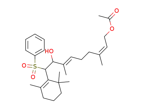 Molecular Structure of 105615-49-4 (Acetic acid (2Z,6E)-9-benzenesulfonyl-8-hydroxy-3,7-dimethyl-9-(2,6,6-trimethyl-cyclohex-1-enyl)-nona-2,6-dienyl ester)
