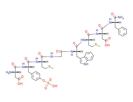 25126-32-3,Sincalide,Caerulein,1-de(5-oxo-L-proline)-2-de-L-glutamine-5-L-methionine- (8CI);Cholecystokinin-8(pig);Asp-Tyr(SO3H)-Met-Gly-Trp-Met-Asp-Phe-NH2;Cholecystokinin C-terminaloctapeptide;Cholecystokinin octapeptide (26-33 sulfated);Cholecystokinin-(26-33)-amide;Cholecystokinin-8 (Squalus acanthias);Cholecystokinin-8 (chicken);Cholecystokinin-pancreozymin (swine intestineC-terminal octapeptide);Cholecystokinin-pancreozymin C-terminal octapeptide;Human CCK-8;L-Phenylalaninamide, L-a-aspartyl-O-sulfo-L-tyrosyl-L-methionylglycyl-L-tryptophyl-L-methionyl-L-a-aspartyl-;SQ 19844;