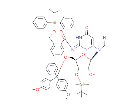 Molecular Structure of 137116-54-2 (5'-O-(4,4'-dimethoxytrityl)-3'-O-(tert-butyldimethylsilyl)-2-N-<2-<(tert-butyldiphenylsilyloxy)methyl>benzoyl>guanosine)