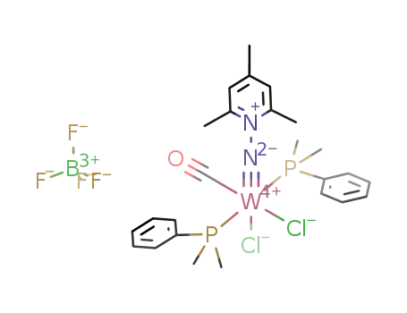 Molecular Structure of 180893-19-0 (cis,trans-[WCl<sub>2</sub>(NNC<sub>5</sub>H<sub>2</sub>Me<sub>3</sub>-2,4,6)(CO)(PMe<sub>2</sub>Ph)2][BF<sub>4</sub>])