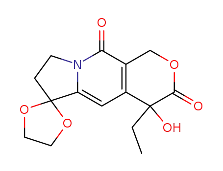 Molecular Structure of 102978-41-6 (4'-ethyl-1',4',7',8'-tetrahydro-4'-hydroxy-3'H,10'H-spiro[1,3-dioxolane-2,6'-pyrano[3,4-f]indolizine]-3',10'-dione)