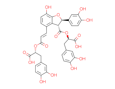 115939-25-8,Salvianolic acid B,(2R-(2alpha,3beta(R*),4(E(R*))))-3-(1-Carboxy-2-(3,4-dihydroxyphenyl)ethyl) 4-(3-(1-carboxy-2-(3,4-dihydroxyphenyl)ethoxy)-3-oxo-1-propenyl)-2-(3,4-dihydroxyphenyl)-2,3-dihydro-7-hydroxy-3-benzofurancarboxylate;2-[(2R,3R)-4-[(E)-2-[(1R)-1-carboxy-2-(3,4-dihydroxyphenyl)ethoxy]carbonylethenyl]-2-(3,4-dihydroxyphenyl)-7-hydroxy-2,3-dihydrobenzofuran-3-carbonyl]oxy-3-(3,4-dihydroxyphenyl)propanoic acid;3-Benzofurancarboxylic acid,4-[(1E)-3-[(1R)-1-carboxy-2-(3,4- dihydroxyphenyl)ethoxy]-3-oxo-1-propenyl]- 2-(3,4-dihydroxyphenyl)-2,3-dihydro-7- hydroxy-,3-[(1R)-1-carboxy-2-(3,4- dihydroxyphenyl)ethyl] ester,(2R,3R)-;Lithospermate;3-Benzofurancarboxylic acid, 4-(3-(1-carboxy-2-(3,4-dihydroxyphenyl)ethoxy)-3-oxo-1-propenyl)-2-(3,4-dihydroxyphenyl)-2,3-dihydro-7-hydroxy-, 3-(1-carboxy-2-(3,4-dihydroxyphenyl)ethyl) ester, (2R-(2alpha,3beta(R*),4(E(R*))))-;