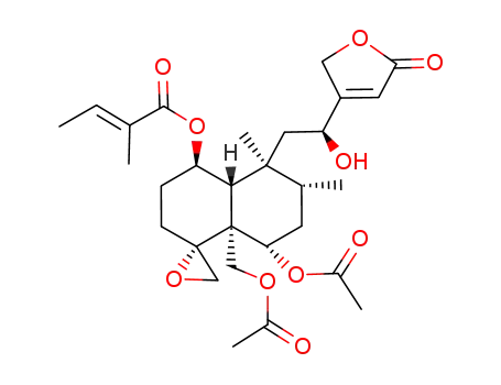 Molecular Structure of 78798-40-0 ((4R,5α,8α,9S,10β,12S)-6α,18-Diacetoxy-4,19-epoxy-12,16-dihydroxy-1β-(tigloyloxy)cleroda-13-ene-15-oic acid 15,16-lactone)