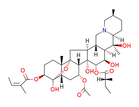 Molecular Structure of 639-11-2 (4α,9-Epoxycevane-3β,4,7α,14,15α,16β,20-heptol 7-acetate 15-[(R)-2-methylbutanoate]3-[(Z)-2-methyl-2-butenoate])