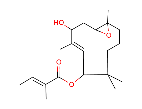 Molecular Structure of 89803-99-6 (2-Methyl-2-butenoic acid 3-hydroxy-4,7,7,11-tetramethyl-12-oxabicyclo[9.1.0]dodec-4-en-6-yl ester)