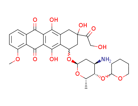 72496-41-4,Pirarubicin,5,12-Naphthacenedione,10-[[3-amino-2,3,6-trideoxy-4-O-(tetrahydro-2H-pyran-2-yl)-a-L-lyxo-hexopyranosyl]oxy]-7,8,9,10-tetrahydro-6,8,11-trihydroxy-8-(hydroxyacetyl)-1-methoxy-,[8S-[8a,10a(S*)]]-;5,12-Naphthacenedione,10-[[3-amino-2,3,6-trideoxy-4-O-[(2R)-tetrahydro-2H-pyran-2-yl]-a-L-lyxo-hexopyranosyl]oxy]-7,8,9,10-tetrahydro-6,8,11-trihydroxy-8-(hydroxyacetyl)-1-methoxy-,(8S,10S)- (9CI);(2''R)-4'-O-Tetrahydropyranyladriamycin;(2''R)-4'-O-Tetrahydropyranyldoxorubicin;4'-O-Tetrahydropyranyladriamycin;Pinorubicin;Pirarubicin;THP-Adriamycin;Therarubicin;