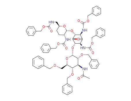 Molecular Structure of 79384-36-4 (O-3-acetamido-2,4,6-tri-O-benzyl-3-deoxy-α-D-glucopyranosyl-(1->6)-1,3,2',6'-tetrakis-N-benzyloxycarbonylgentamine C<sub>1a</sub>)