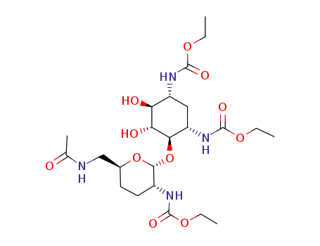 Molecular Structure of 113922-91-1 ({(1R,2S,3R,4R,5S)-4-[(2R,3R,6S)-6-(Acetylamino-methyl)-3-ethoxycarbonylamino-tetrahydro-pyran-2-yloxy]-5-ethoxycarbonylamino-2,3-dihydroxy-cyclohexyl}-carbamic acid ethyl ester)