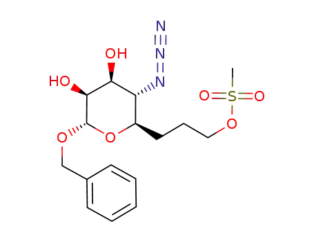 Molecular Structure of 1002754-00-8 (3-((2R,3S,4S,5S,6S)-3-azido-6-(benzyloxy)-tetrahydro-4,5-dihydroxy-2H-pyran-2-yl)propyl methanesulfonate)