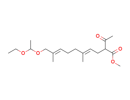 Molecular Structure of 87920-40-9 ((4E,8E)-2-Acetyl-10-(1-ethoxy-ethoxy)-5,9-dimethyl-deca-4,8-dienoic acid methyl ester)
