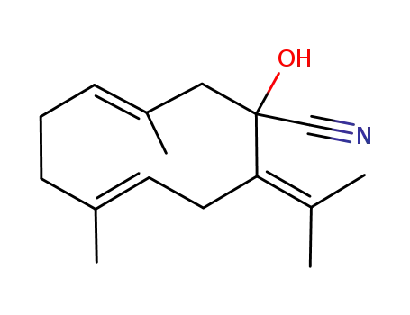 Molecular Structure of 87920-50-1 ((3E,7E)-1-Hydroxy-10-isopropylidene-3,7-dimethyl-cyclodeca-3,7-dienecarbonitrile)