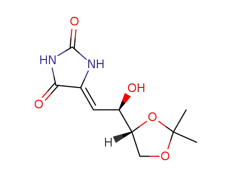 Molecular Structure of 116730-53-1 (5-[(R)-2-((R)-2,2-Dimethyl-[1,3]dioxolan-4-yl)-2-hydroxy-eth-(Z)-ylidene]-imidazolidine-2,4-dione)