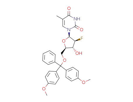 Molecular Structure of 144822-48-0 (1-[5-O-[Bis(4-methoxyphenyl)phenylmethyl]-2-deoxy-2-fluoro-beta-D-arabinofuranosyl]-5-methyl-2,4(1H,3H)-pyrimidinedione)
