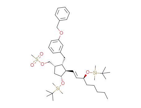 Molecular Structure of 1425937-46-7 (((1S,2S,3R,4R)-2-(3-(benzyloxy)benzyl)-4-(tert-butyldimethylsilyloxy)-3-((3S,1E)-3-(tert-butyldimethylsilyloxy)oct-1-enyl)cyclopentyl)methyl methanesulfonate)