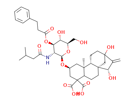 Kaur-16-ene-18,19-dioicacid, 2-[[2-deoxy-2-[(3-methyl-1-oxobutyl)amino]-3-O-(1-oxo-3-phenylpropyl)-b-D-glucopyranosyl]oxy]-13,15-dihydroxy-,(2b,15a)- (9CI)