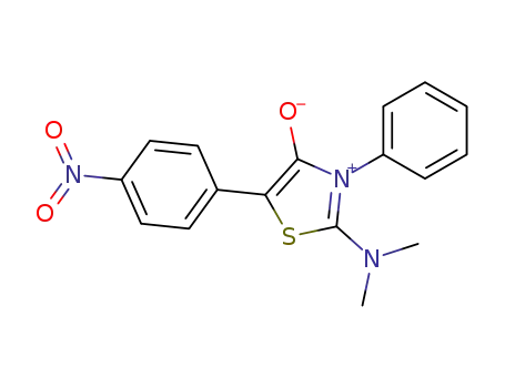 Molecular Structure of 66702-57-6 (2-dimethylamino-5-(4-nitro-phenyl)-4-oxo-3-phenyl-4,5-dihydro-thiazolium betaine)
