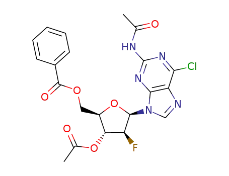 Molecular Structure of 109303-94-8 (9-(3-O-acetyl-5-O-benzoyl-2-deoxy-2-fluoro-β-D-arabinofuranosyl)-2-acetamido-6-chloropurine)