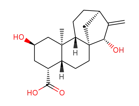 Molecular Structure of 10391-47-6 (19-Norkaur-16-en-18-oicacid, 2,15-dihydroxy-, (2b,4a,15a)-)