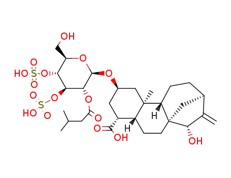 Molecular Structure of 1398-13-6 (15alpha-Hydroxy-2beta-((2-O-isovaleryl-3,4alpha-di-O-sulpho-beta-D-glucopyranosyl)oxy)-19-norkaur-16-en-18-oic acid)