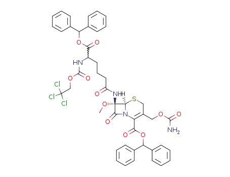 Molecular Structure of 35664-28-9 ((6<i>R</i>)-7<i>t</i>-[(<i>R</i>)-5-benzhydryloxycarbonyl-5-(2,2,2-trichloro-ethoxycarbonylamino)-pentanoylamino]-3-carbamoyloxymethyl-7<i>c</i>-methoxy-8-oxo-(6<i>r</i><i>H</i>)-5-thia-1-aza-bicyclo[4.2.0]oct-2-ene-2-carboxylic acid benzhydryl ester)