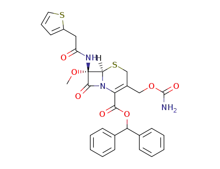 Molecular Structure of 35607-68-2 (diphenylmethyl (6R, 7S)-7-(2'-thienyl)acetamido-7-methoxy-3-carbamoyloxymethyl-3-cephem-4-carboxylate)