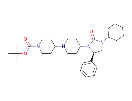Molecular Structure of 1032818-37-3 (4-((R)-3-cyclohexyl-2-oxo-5-phenyl-imidazolidin-1-yl)-[1,4']bipiperidinyl-1'-carboxylic acid tert-butyl ester)
