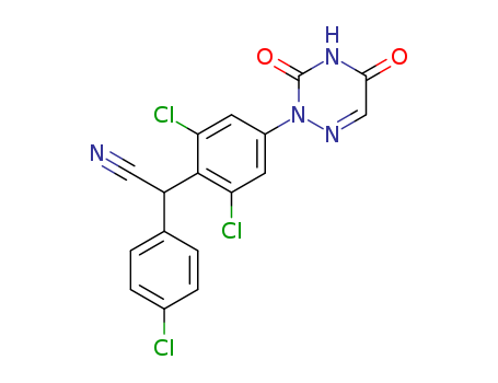 101831-37-2,Diclazuril,P 64433;2,6-Dichloro-.alpha.-(4-chlorophenyl)-4-(4,5-dihydro-3,5-dioxo-1,2,4-triazin-2(3H)- yl)benzeneacetonitrile;Benzeneacetonitrile, 2,6-dichloro-alpha-(4-chlorophenyl)-4-(4,5-dihydro-3,5-dioxo-1,2,4-triazin-2(3H)-yl)-;Benzeneacetonitrile,2,6-dichloro-R-(4-chlorophenyl)- 4-(4,5-dihydro-3,5-dioxo-1,2,4- triazin-2(3H)-yl)-;2-(4-chlorophenyl)-2-[2,6-dichloro-3-(3,5-dioxo-1,2,4-triazin-2-yl)phenyl]acetonitrile;2-(4-chlorophenyl)-2-[2,6-dichloro-4-(3,5-dioxo-1,2,4-triazin-2-yl)phenyl]acetonitrile;Diclaznril;