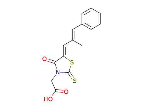 82159-09-9,Epalrestat,2-[(5Z)-5-[(E)-2-methyl-3-phenyl-prop-2-enylidene]-4-oxo-2-sulfanylidene-thiazolidin-3-yl]acetic acid;3-Thiazolidineacetic acid,5-[(2E)-2-methyl-3-phenyl-2-propenylidene]- 4-oxo-2-thioxo-,(5Z)-;3-Thiazolidineacetic acid, 5-(2-methyl-3-phenyl-2-propenylidene)-4-oxo-2-thioxo-, (E,E)-;Kinedak;Epalrestat (JAN);5-((Z,E)-beta-Methylcinnamylidene)-4-oxo-2-thioxo-3-thiazolidineacetic acid;Epalrestat [INN];Kinedak (TN);Ono 2235;Epalrestatum [Latin];Properties: orange red crystalline powder, with special odor;Epalrestate;Epatrestat;
