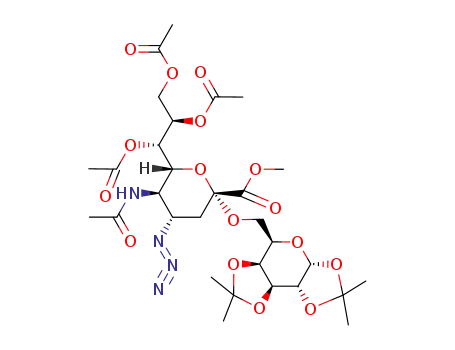 Molecular Structure of 163860-80-8 ((2R,4S,5R,6R)-5-Acetylamino-4-azido-2-((3aR,5R,5aS,8aS,8bR)-2,2,7,7-tetramethyl-tetrahydro-bis[1,3]dioxolo[4,5-b;4',5'-d]pyran-5-ylmethoxy)-6-((1S,2R)-1,2,3-triacetoxy-propyl)-tetrahydro-pyran-2-carboxylic acid methyl ester)
