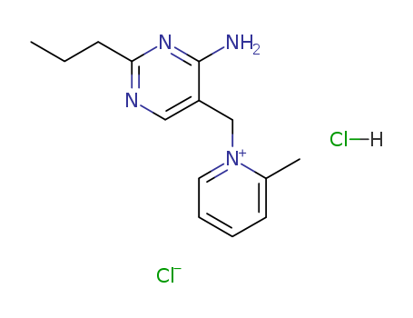 137-88-2,1-([4-Amino-2-propyl-5-pyrimidinyl]methyl)-2-methylpyridinium chloride,2-Picolinium, 1-((4-amino-2-propyl-5-pyrimidinyl)methyl)-, chloride, monohydrochloride;1-[(4-Amino-2-propylpyrimidin-5-yl)methyl]-2-methylpyridinium chloride hydrochloride (1:1:1);Amprol;Pyridinium, 1-[ (4-amino-2-propyl-5-pyrimidinyl)methyl]-2-methyl-, chloride, monohydrochloride;5-[(6-methylpyridin-1-yl)methyl]-2-propyl-pyrimidin-4-amine chloride hydrochloride;Mepyrium;Amprolium Amprolium Hydrochloride;Amprolium hydrochloride  USP28/BP2000;