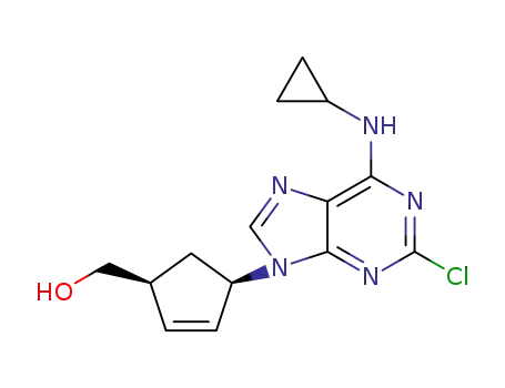 Molecular Structure of 1108600-46-9 (((1S,4R)-4-(2-chloro-6-(cyclopropylamino)-9H-purin-9-yl)cyclopent-2-en-1-yl)methanol)