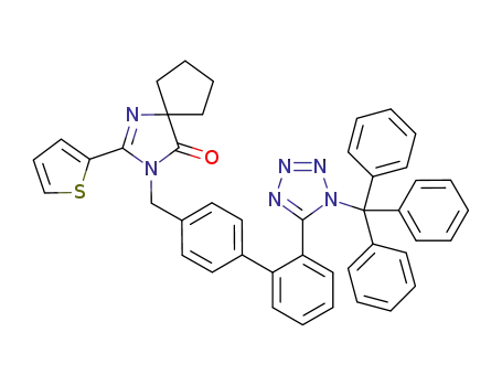 Molecular Structure of 1199814-94-2 (2-(2-thienyl)-3-[2'-(1-trityl-1H-tetrazol-5-yl)-biphenyl-4-ylmethyl]-1,3-diazaspiro[4.4]non-1-en-4-one)