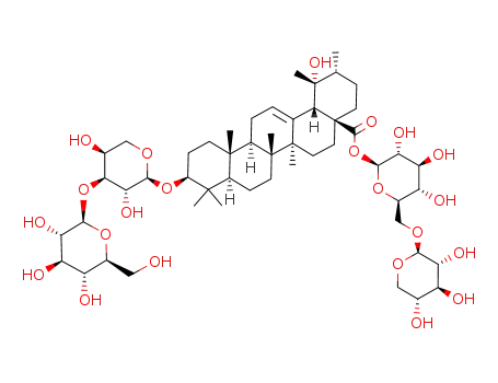 Molecular Structure of 145022-83-9 (Urs-12-en-28-oic acid,3-[(3-O-b-D-glucopyranosyl-a-L-arabinopyranosyl)oxy]-19-hydroxy-,6-O-b-D-xylopyranosyl-b-D-glucopyranosyl ester, (3b)- (9CI))