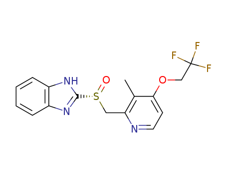 138530-94-6,R-(+)-Lansoprazole,1H-Benzimidazole,2-[[[3-methyl-4-(2,2,2-trifluoroethoxy)-2-pyridinyl]methyl]sulfinyl]-, (R)-;(+)-Lansoprazole;(R)-2-[[[3-Methyl-4-(2,2,2-trifluoroethoxy)-2-pyridinyl]methyl]sulfinyl]-1H-benzimidazole;(R)-2-[[[3-Methyl-4-(2,2,2-trifluoroethoxy)-2-pyridyl]methyl]sulfinyl]-1H-benzimidazole;Dexlansoprazole;R-(+)-Lansoprazole;T 168390;TAK 390;(R)-(+)-Lansoprazole;