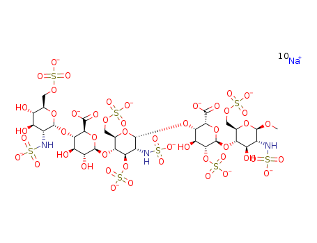 114870-03-0,Fondaparinux sodium,a-D-Glucopyranoside, methylO-2-deoxy-6-O-sulfo-2-(sulfoamino)-a-D-glucopyranosyl-(1?;4)-O-b-D-glucopyranuronosyl-(1?;4)-O-2-deoxy-3,6-di-O-sulfo-2-(sulfoamino)-a-D-glucopyranosyl-(1?;4)-O-2-O-sulfo-a-L-idopyranuronosyl-(1?;4)-2-deoxy-2-(sulfoamino)-,6-(hydrogen sulfate), decasodium salt (9CI);Arixtra;IC 85158;IC 851589;Org 31540;SR 90107A;Xantidar;