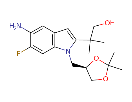 1152311-89-1,(R)-2-(5-amino-1-((2,2-dimethyl-1,3-dioxolan-4-yl)methyl)-6-fluoro-1H-indol-2-yl)-2-methylpropan-1-ol,(R)-2-(5-amino-1-((2,2-dimethyl-1,3-dioxolan-4-yl)methyl)-6-fluoro-1H-indol-2-yl)-2-methylpropan-1-ol
