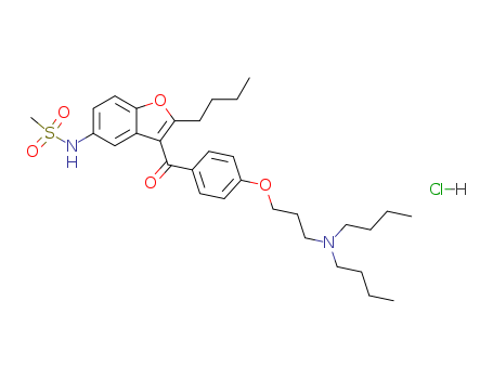 141625-93-6,DRONEDARONE HYDROCHLORIDE,Methanesulfonamide,N-[2-butyl-3-[4-[3-(dibutylamino)propoxy]benzoyl]-5-benzofuranyl]-,monohydrochloride (9CI);Dronedarone HCl;SR 33589B;SR33598B;UNII-FA36DV299Q;