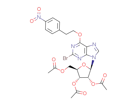 Molecular Structure of 127218-16-0 (Acetic acid (2R,3R,4R,5R)-4-acetoxy-5-acetoxymethyl-2-{2-bromo-6-[2-(4-nitro-phenyl)-ethoxy]-purin-9-yl}-tetrahydro-furan-3-yl ester)